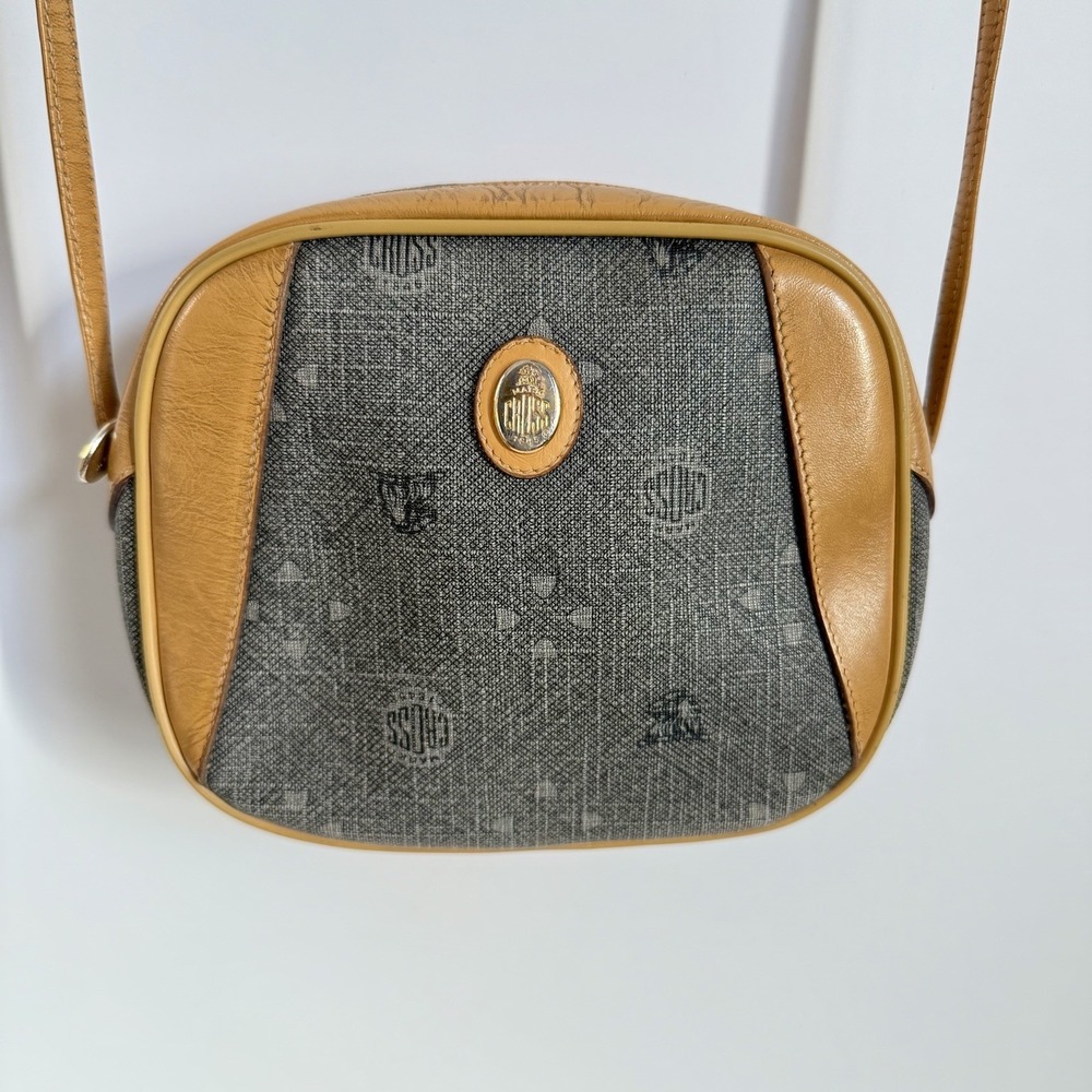 VTG Mark Cross Monogram Coated Canvas Leather‎ Crossbody Purse